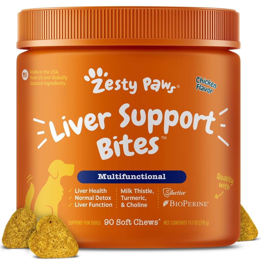 Zesty Paws Supplément de soutien du foie pour les chiens - avec extrait de chardon de lait, curcumine curcumine curcumine, Choline - Formule de chew doux - pour la fonction du foie de chien