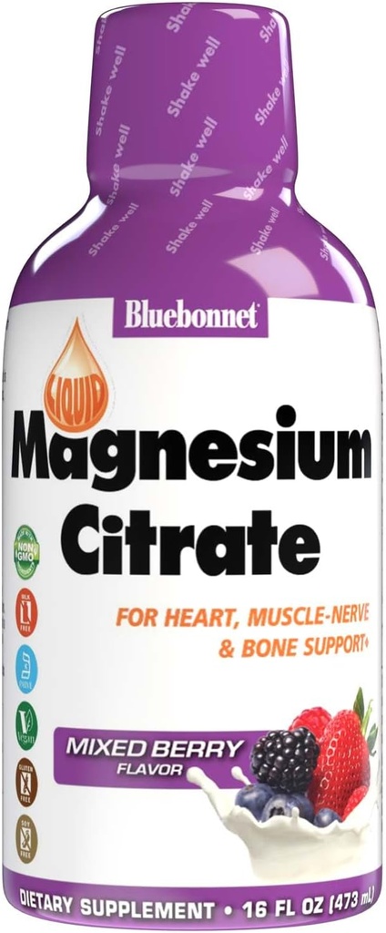 Bluebonnet Nutrition Citrate de magnésium 420 mg - L'esprit et le corps calme* – soutient le cœur, les muscles et le sommeil* - Non-OGM, végétalien, kosher, sans gluten, sans soja, sans lait - 16 FL OZ, saveur de baies mélangées