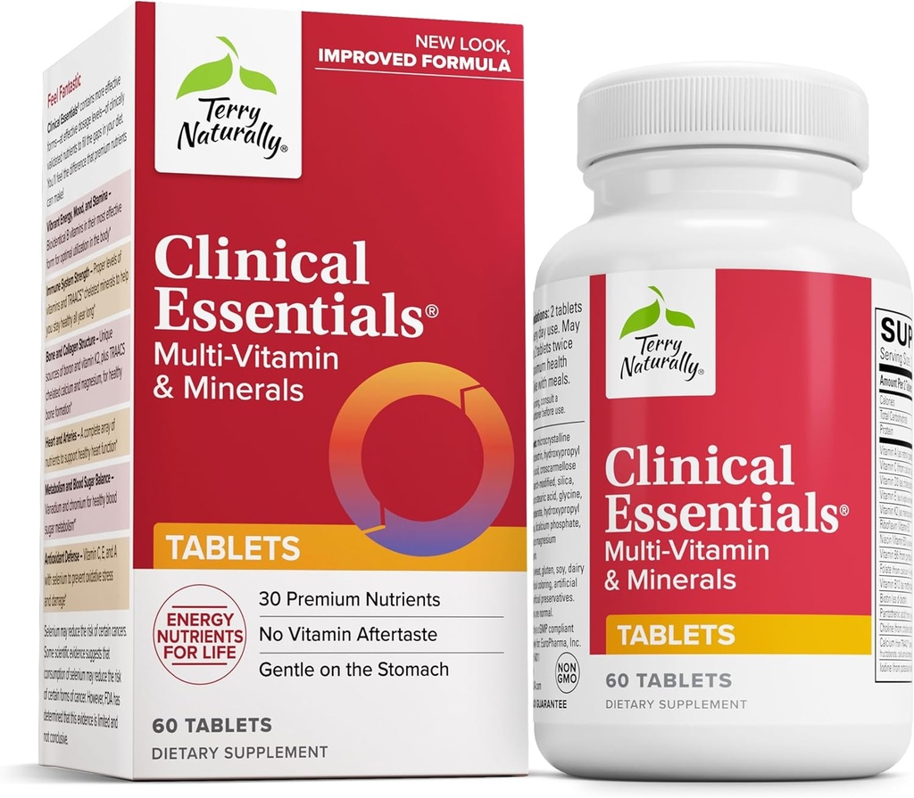 Terry Naturally Clinical Essentials - Supplément pour aider la santé osseuse, cardiovasculaire et immunitaire - Supplément aux minéraux chélatés - Supplément aux vitamines B et C - 60 comprimés