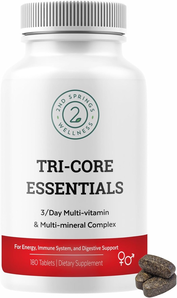 Essentiels Tri-Core - Complexe multiminéral multivitaminique complet de 3 jours avec probiotiques, prébiotiques, enzymes digestives, champignons, adaptogènes et 45 fruits et légumes - 180 comprimés