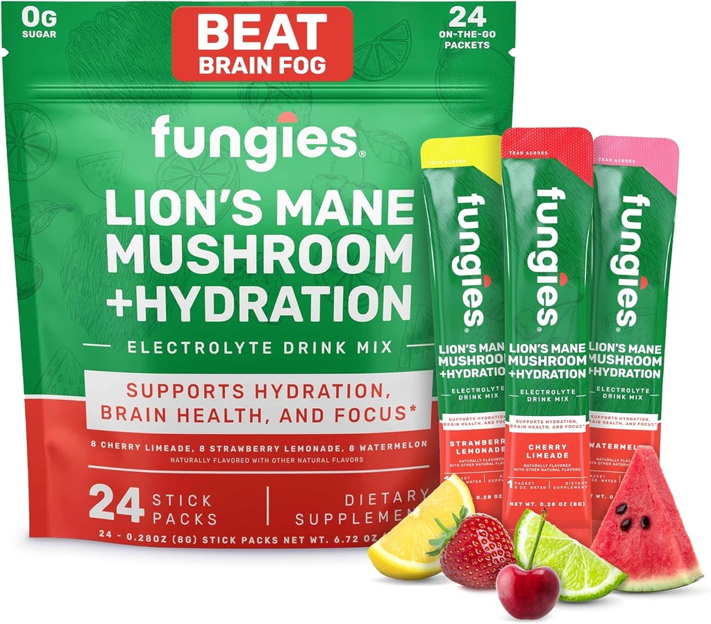 Fungies Electrolyte Drink Mix with Lion's Mane Mushroom & Essential Electrolytes, 24 Variety Pack - Sugar-Free Hydration Supplement Powder for Adults for Brain Health & Focus - Mushroom Supplement