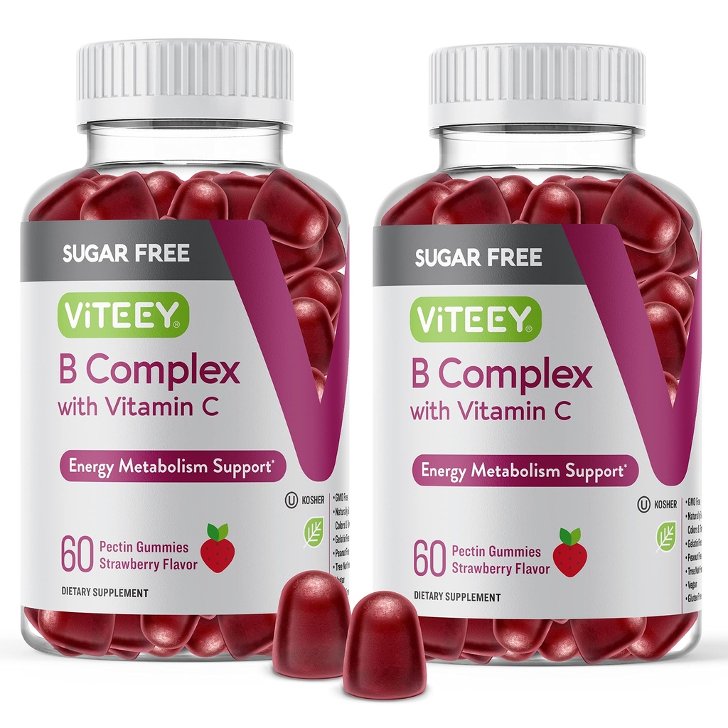 VITEEY Gommies complexes de vitamine B avec vitamine C, sans sucre - énergie, métabolisme et santé des nerfs - B6, B12, acide folique, biotine - végétalien, sans gélatine, sans OGM - gommy aux fraises croustillantes goûtées