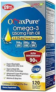 LABO Nutrition OmaxPure Omega3 Huile de poisson - 1125mg Omega 3 IFOS Certifié - supplément d'huile de poisson oméga de haute puissance rTG avec DHA & EPA - 120 Softgels