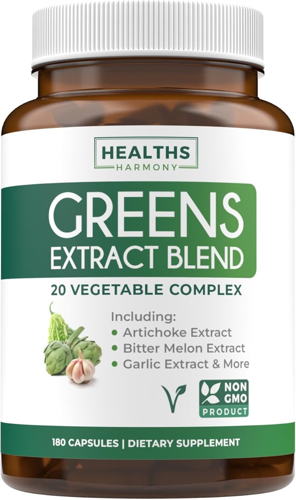 Super Greens Antioxydants Superfoods 2250mg Supplément - 20 ingrédients avec des germes, champignons, racines, ail, mélône amère, artichaut, graines de céleri, poivre Cayenne, Alfalfa NON OGM - 180 capsules