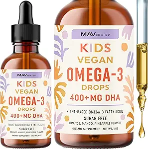 Vegan Omega 3 gouttes liquides pour les enfants avec de l'huile d'algues et le DHA végétalien.