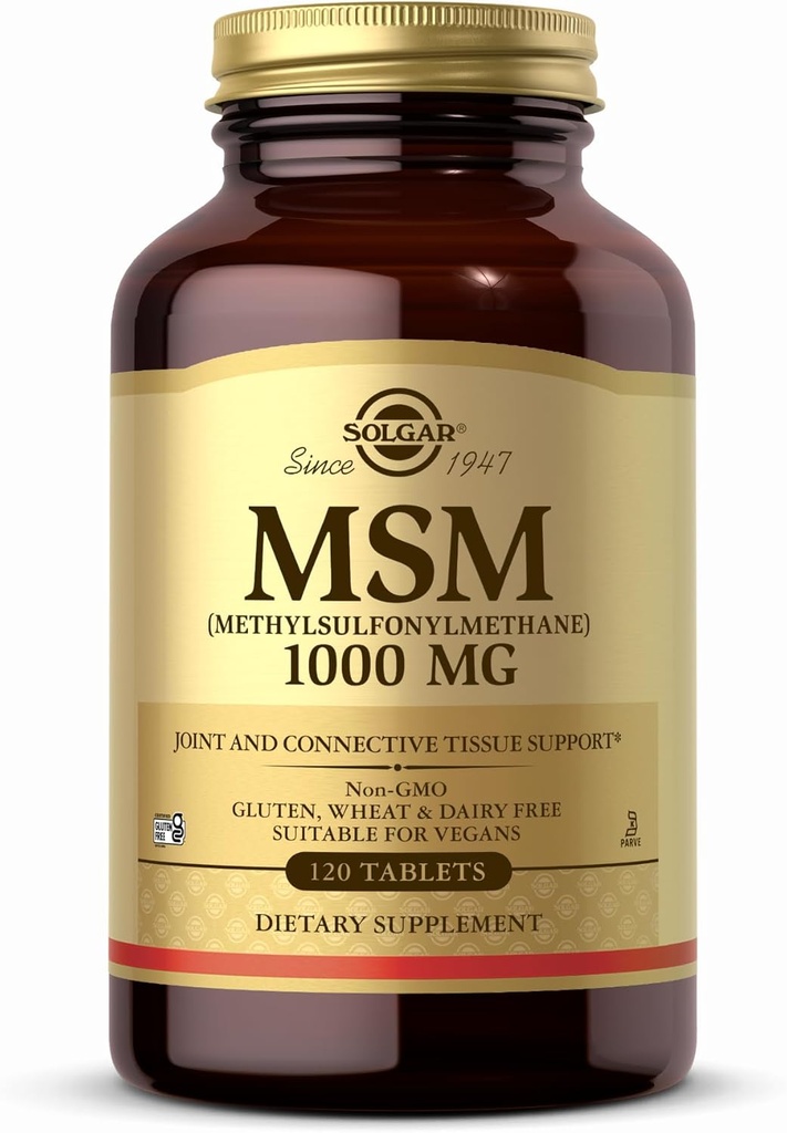 Solgar MSM 1000 mg - 120 comprimés - Supports Joints et tissus conjonctifs - Non-OGM, végétalien, sans gluten, sans produits laitiers, sans casher - 120 portions
