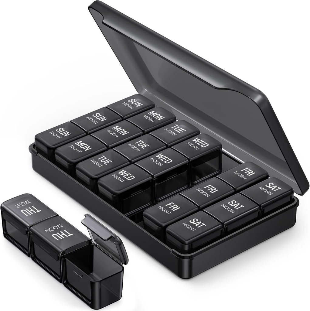 PULIV Pill Organizer 3 fois par jour en couleur noire pour la protection de la vie privée, portable hebdomadaire Pill Box 7 jour pour le voyage, grand cas de pilule à prothèse légère pour les vitamines, médicaments, suppléments et huiles de poisson