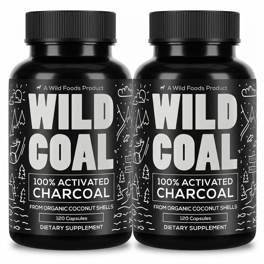 Wild Foods Capsules de charbon activés 100% Coconut Shells Organiques Comprimés actifs pour le Bloating Relief.