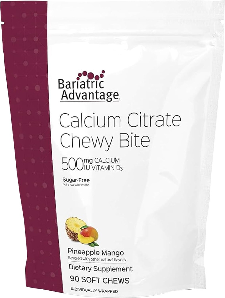 Avantage bariatrique Citrate de calcium Morceaux à croquer 500 mg - Très absorbant et digestible - Vitamine D3 - Supplément de calcium facilement à croquer - Mangue à ananas - 90 Compte