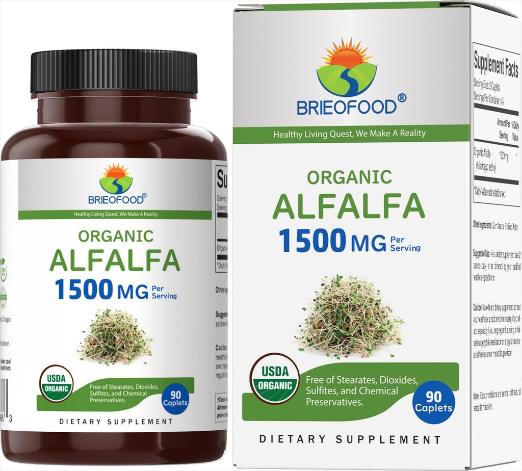 Brieofood Bio Alfalfa 1500mg, 45 portions, végétarien, sans gluten, 90 comprimés végétariens