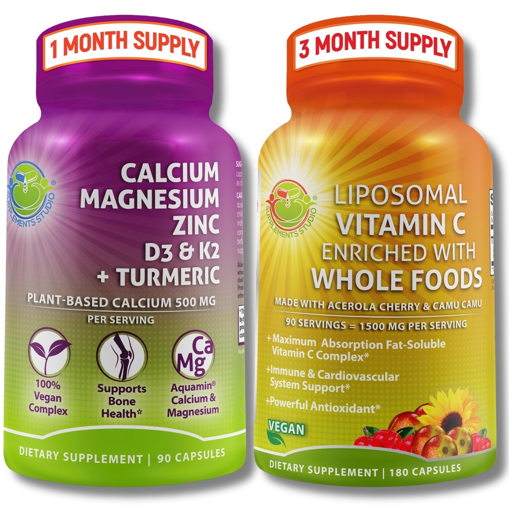 Supplément de soutien aux os et aux immunones à base de plantes – Vitamine liposomique C 1500mg avec acérola organique et Camu Camu + zinc de magnésium de calcium avec vitamine D3, K2 et curcuma – végétalien, non-OGM