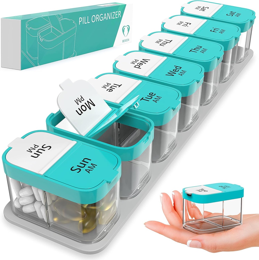 Très grand organisateur hebdomadaire de pilules - XL Vitamine Holder avec 7 compartiments de PM amovibles - Distributeur de médicaments portatifs pour la maison et le voyage, grand contenant de supplément pour usage hebdomadaire ou quotidien, menthe