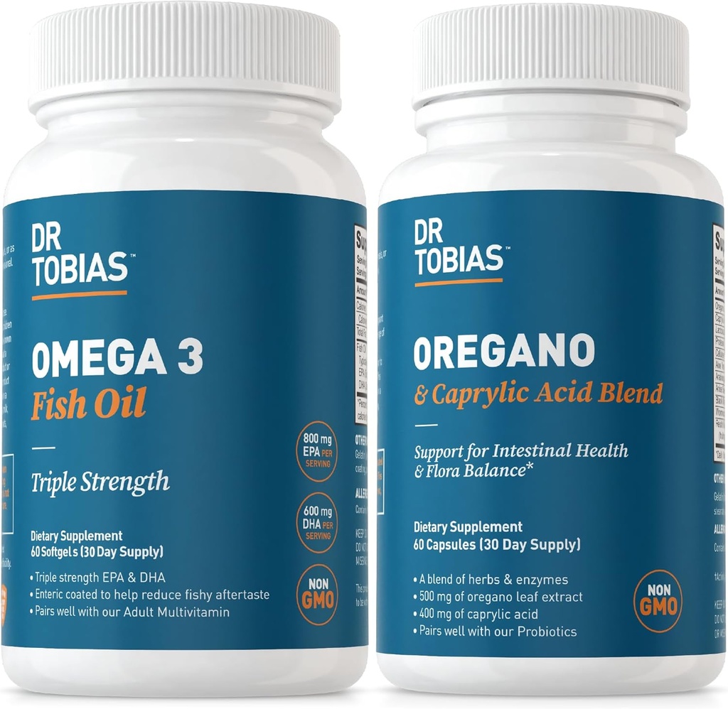 Dr Tobias Omega 3 Huile de poisson et suppléments d'acide origan et caprylique, soutient le coeur, le cerveau, l'immuno avec Gut Flora Balance complexe et la santé intestinale pour les femmes et les hommes