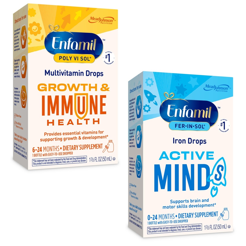 Enfamil Poly-Vi-Sol et Fer-in-Sol Liquid Drop Multivitamine Suppléments pour nourrissons et tout-petits, 2x50 mL Bouteille goutteuse