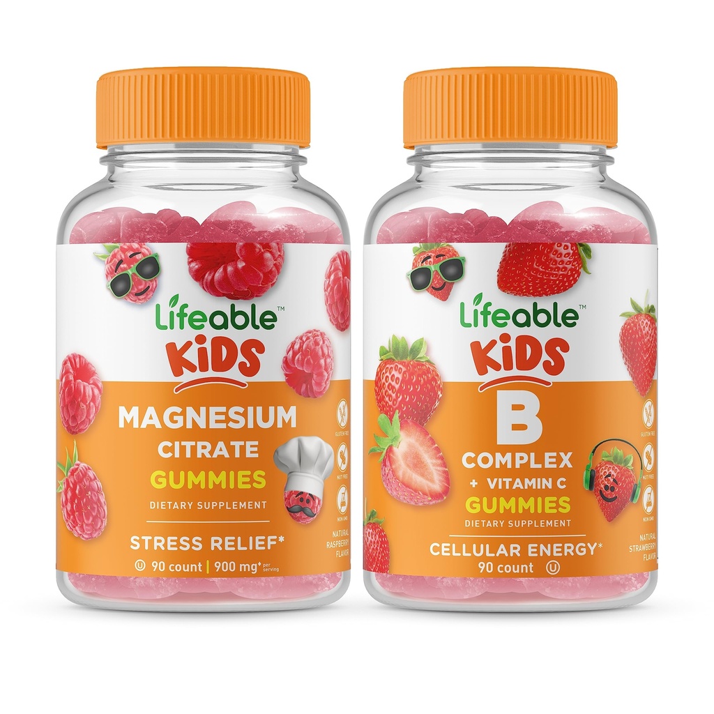 Magnésium Lifeable Kids + B Complexe Kids, Gommies Bundle - Grande dégustation, supplément de vitamine, sans gluten, sans OGM, gommy à croquer