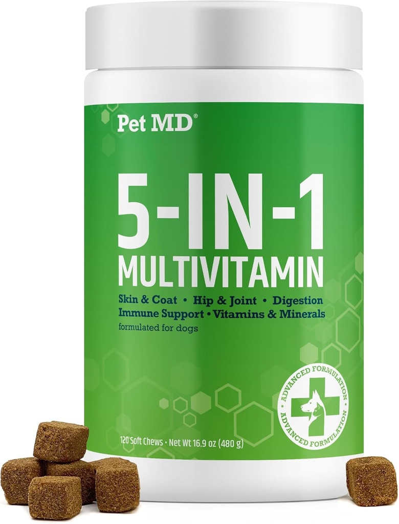 Animal MD 5in1 Multivitamine de chien - 30 Vitamines essentielles, minéraux et nutriments pour la peau et le manteau, la hanche et l'articulation, la digestion, les vitamines immunitaires et âgées de chien - Glucosamine, Omega 3 6 9, et probiotiques - 120 ct