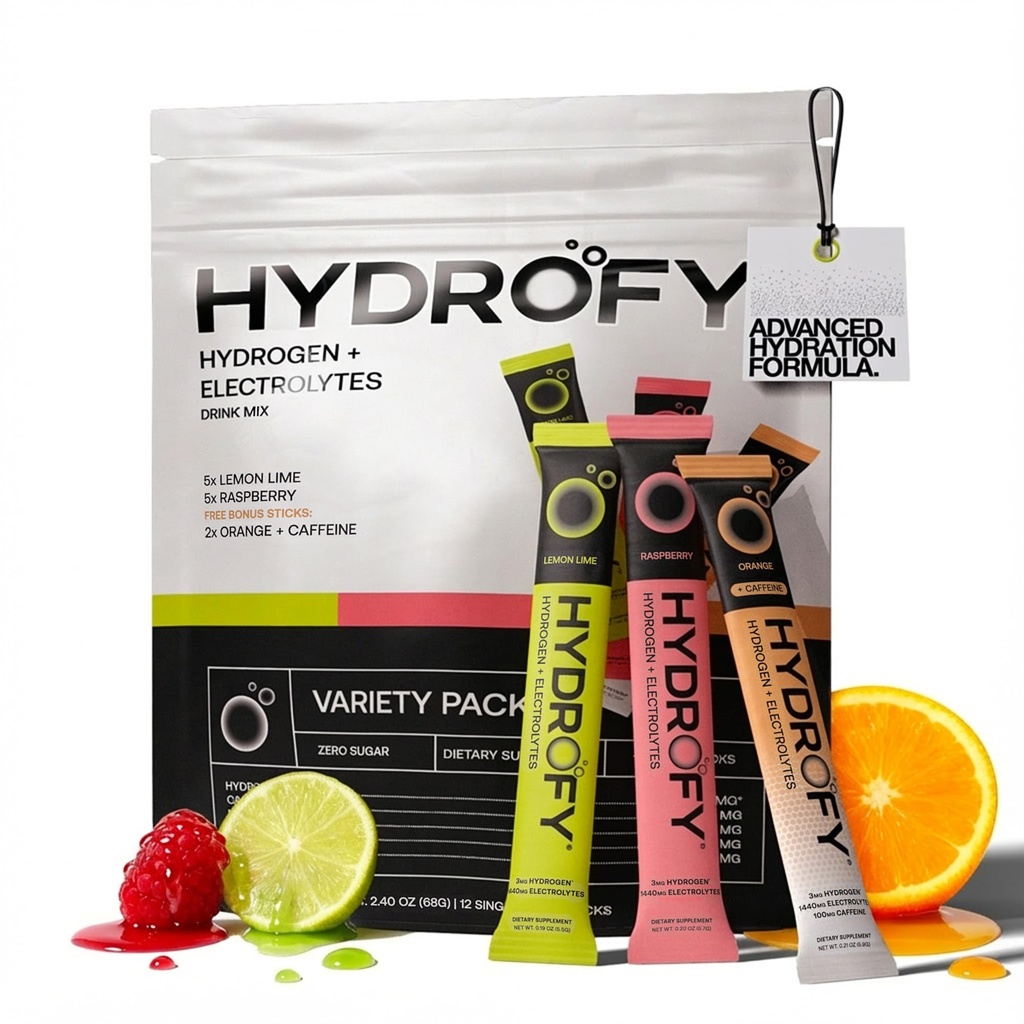 Hydrofy Hydrogène Eau + Electrolytes Mélange de boissons - Lot de variétés , H2 Packs d'hydratation avec hydrogène moléculaire, sodium, potassium, magnésium , citron Lime, framboise, orange + caféine , 12 Compte
