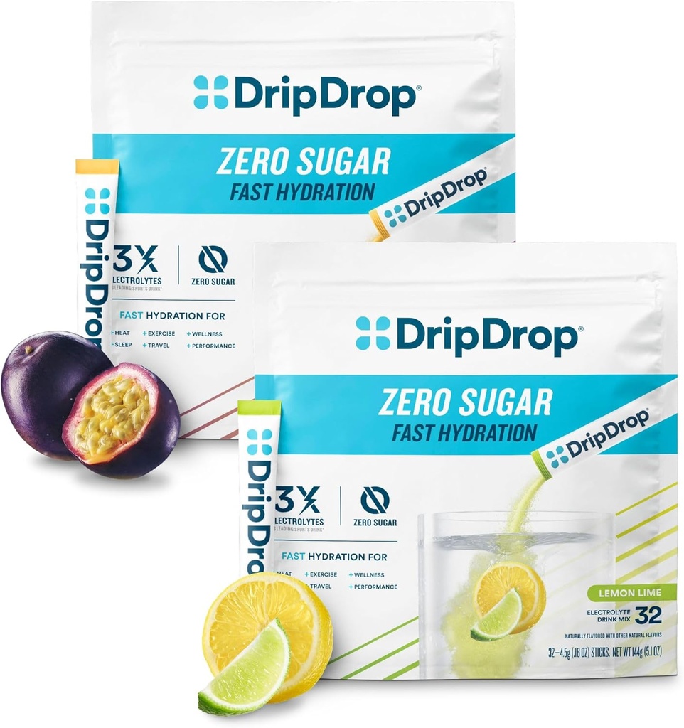 Hydratation DripDrop - Paquets en poudre d'électrolyte - Lime citron et fruits de la passion - Ensemble de sucre zéro - 64 Compte