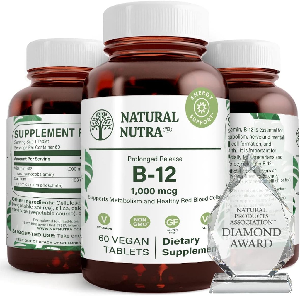 Vitamine naturelle Nutra B12 1000 mcg, Cobalamine B 12 Supplément, Phosphate de calcium, Aide dans la santé du métabolisme, soutient le système nerveux, Absorption optimale, sans gluten, sans sucre, 60 comprimés végétaliens