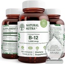Vitamine naturelle Nutra B12 1000 mcg, Cobalamine B 12 Supplément, Phosphate de calcium, Aide dans la santé du métabolisme, soutient le système nerveux, Absorption optimale, sans gluten, sans sucre, 60 comprimés végétaliens