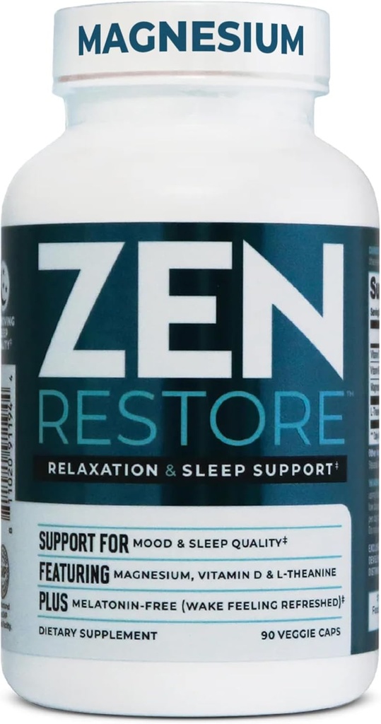 Nutrologie Zen Restore Magnésium Supplément, 400mg Magnésium Malate par dose avec vitamine D3, L-Theanine, favorise la relaxation, la récupération musculaire et la santé adrénale, supplément d'absorption élevée, 30 portions