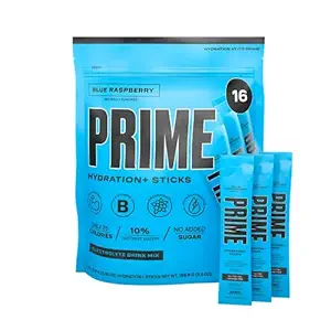 HYDRATION PRIME+ Sticks Blue Raspberry , Poudre d'hydratation Bâtons de service simple , Poudre d'électrolyte sur le Go , 250mg BCAAs , B Vitamines , Antioxydants , Sucre faible , Sans caféine , Vegan , 16 Sticks