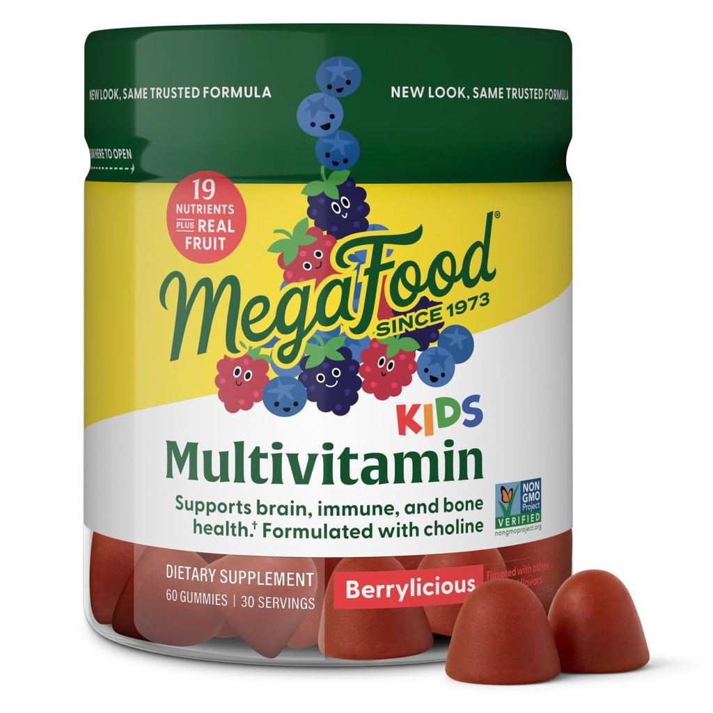 Gommies multivitamines pour enfants MegaFood - Vitamines pour enfants - 4 ans et plus avec vitamine C, vitamine D, zinc, choline et fruits réels - Soutien Cerveau et Immune - Saveur Berrylicious - 60 Gommies (30 portions)