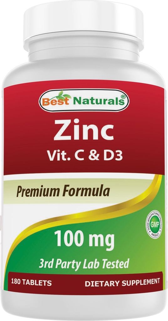 Meilleur Zinc naturel 100 mg avec vitamine C & D3 180 Comprimés sans gluten et non-OGM
