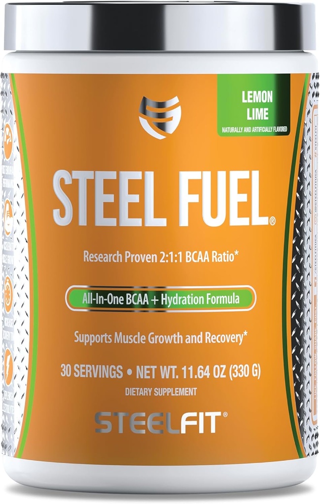 SteelFit Steel Carburant BCAAs Amino Acides Poudre pour accélérer la croissance musculaire et l'endurance améliorée - 30 portions dans la chaux de citron - BCAA Suppléments Poudre pour électrolytes et récupération