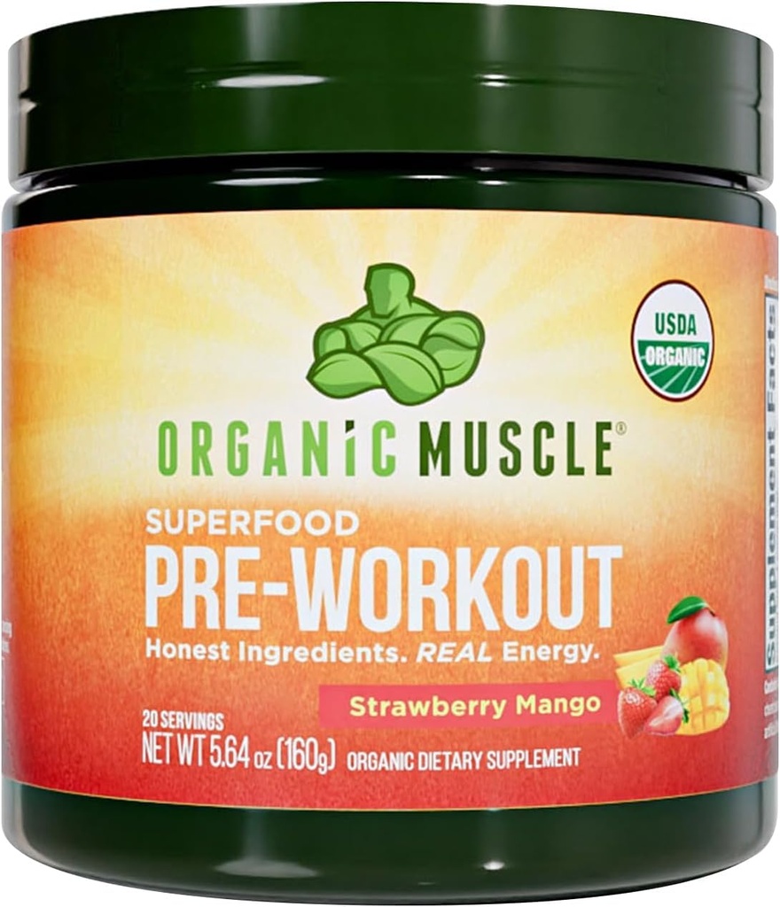 Organic Muscle poudre de pré-entraînement biologique, fraise de mangue — USDA mélange de super-aliments biologiques, maca, racine de betterave, Cordyceps, Rhodiola, 150mg de caféine naturelle, végétalien, sans jitters, 20 portions