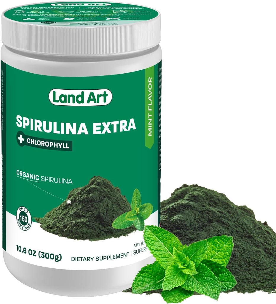 Land Art Bio Spiruline Poudre Extra - Arôme à la menthe - 100% Pure - 75 portions - Superfood - Bon goût et bonne odeur - 10% Chlorophylle Bioactive - Source puissante d'antioxydants
