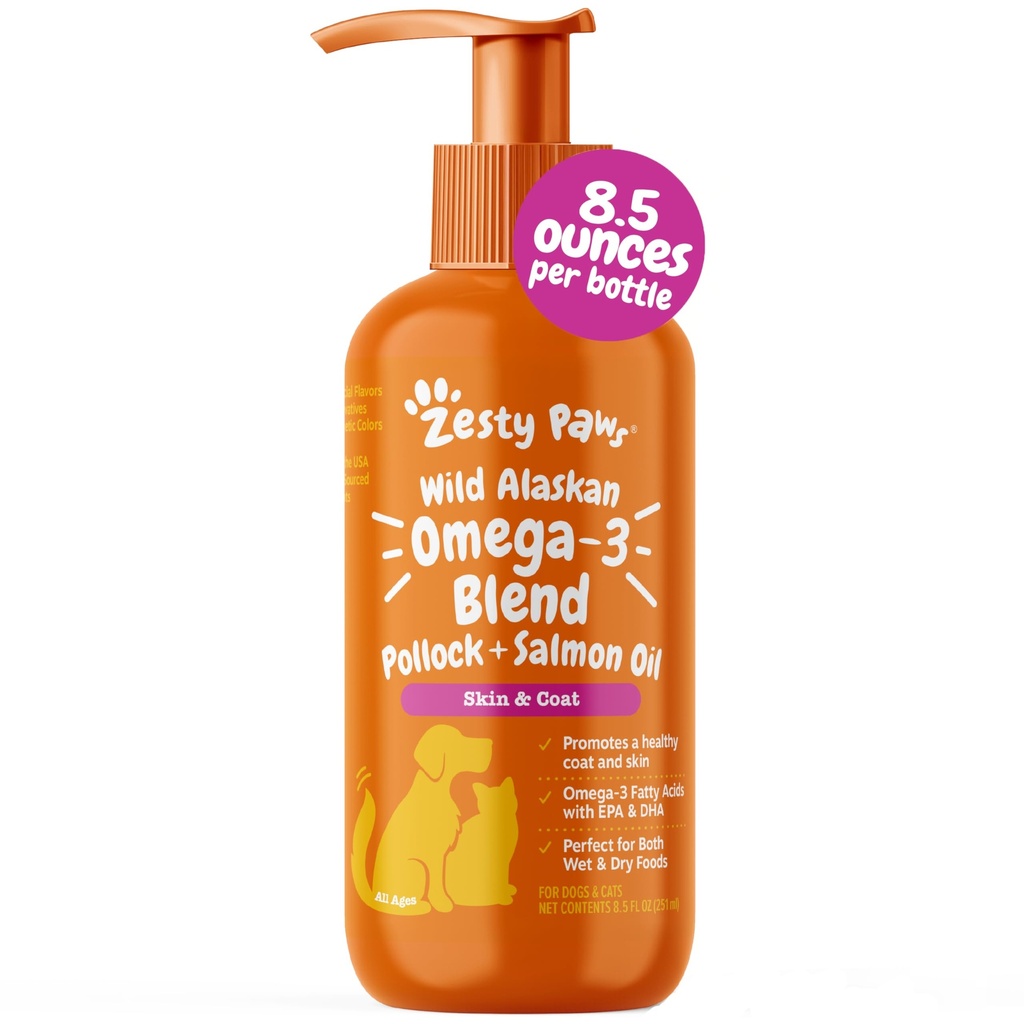 Zesty Paws Wild Alaskan Omega-3 Blend Pollock + Salmon Oil pour chiens et chats- Skin and Coat Support, Omega 3 Supplément pour animaux, 8,5oz