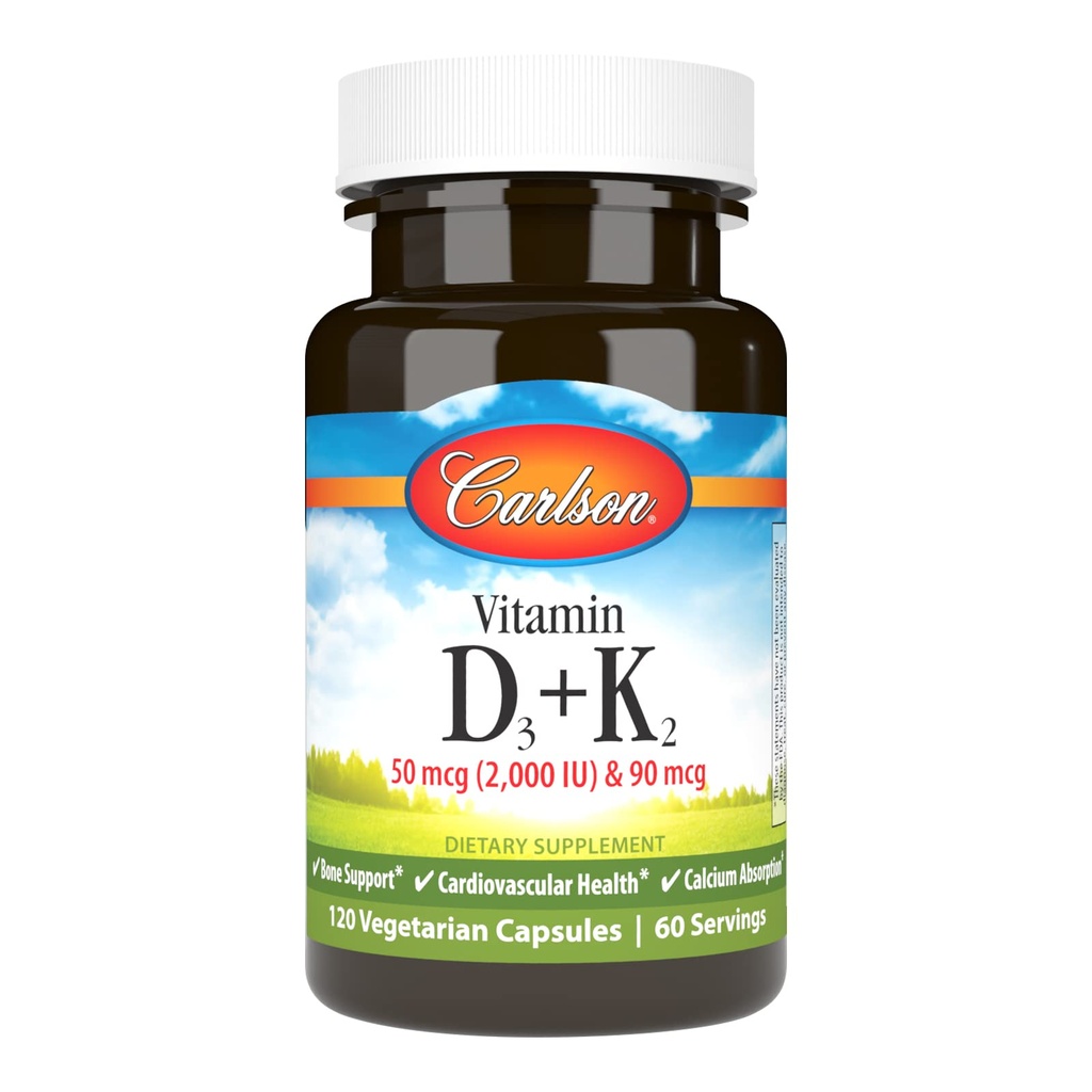 Carlson - Vitamine D3 + K2, 50 mcg (2000 UI) Vitamine D3 et 90 mcg Vitamine K2 en MK7, soutien des os, absorption de calcium, 120 capsules