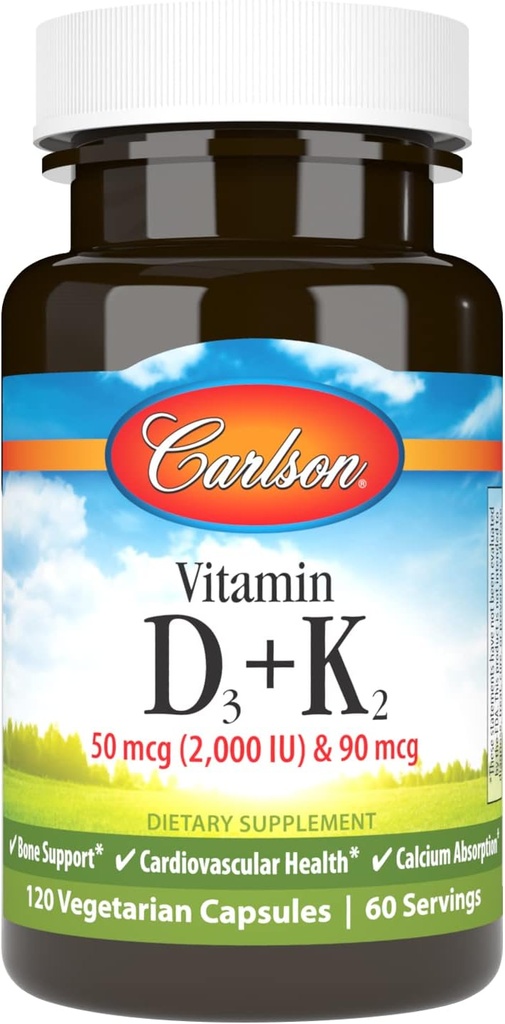 Carlson - Vitamine D3 + K2, 50 mcg (2000 UI) Vitamine D3 et 90 mcg Vitamine K2 en MK7, soutien des os, absorption de calcium, 120 capsules