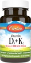 Carlson - Vitamine D3 + K2, 50 mcg (2000 UI) Vitamine D3 et 90 mcg Vitamine K2 en MK7, soutien des os, absorption de calcium, 120 capsules
