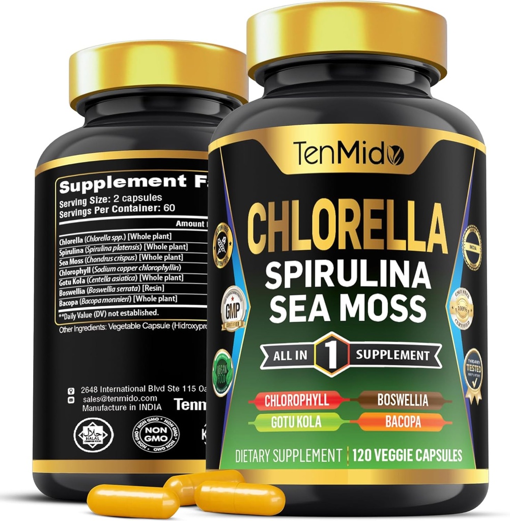 Supplément Chlorella pour les hommes et les femmes - Formule 7in1 avec spiruline, mousse de mer, chlorophylle, Gotu Kola, Boswellia & Bacopa - Soutien immunitaire - Riche en nutriments, vitamines - 120 capsules