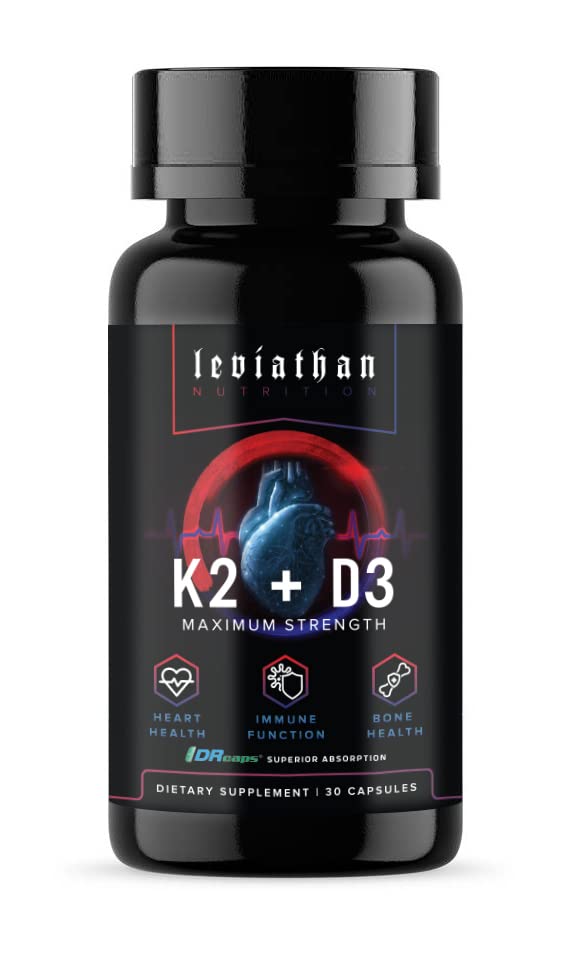Léviathan Nutrition Vitamine D3 K2 2 en 1 Formule: 360 mcg Vitamine K2 (MK7) + Vitamine D3 5000 UI Vegan Organic Extra Strength Vitamin Supplements - Soutien du coeur, des dents, des articulations et de la santé osseuse