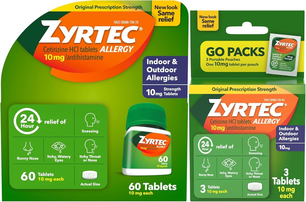 Zyrtec 24 heures Comprimés antiallergiques, médecine d'allergie intérieure et extérieure avec 10 mg de HCl cétirizine par Comprimé antihistaminique, pack d'emballage, 60 ct + 3 ct Packs de voyage, 63 Compte