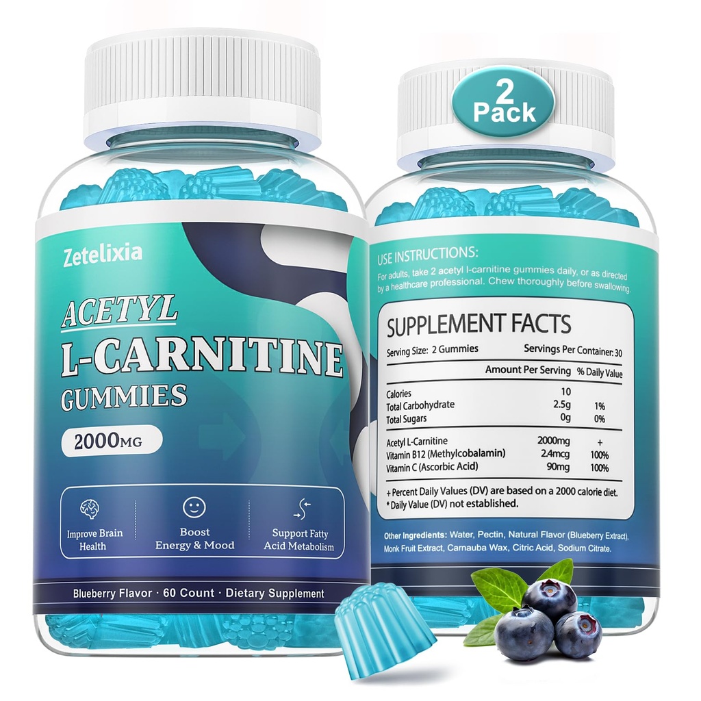 2 Pack sans sucre Acetyl L-Carnitine Gommies, supplément L-Carnitine pour les femmes et les hommes, avec vitamine C & B12, ALCAR pour l'énergie, le cerveau et le soutien de la santé cardiaque, végétalien, non-OGM, 120 comte