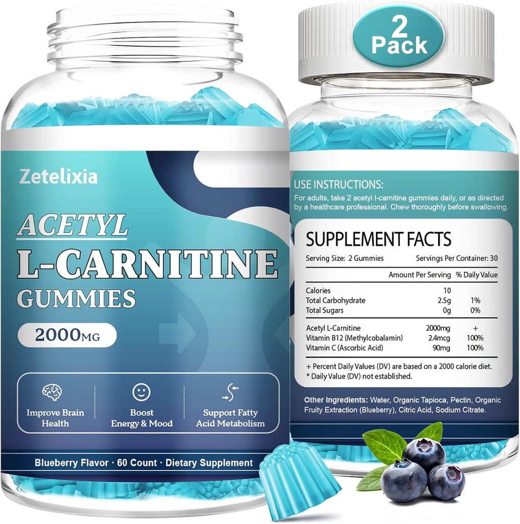 2 Pack sans sucre Acetyl L-Carnitine Gommies, supplément L-Carnitine pour les femmes et les hommes, avec vitamine C & B12, ALCAR pour l'énergie, le cerveau et le soutien de la santé cardiaque, végétalien, non-OGM, 120 comte