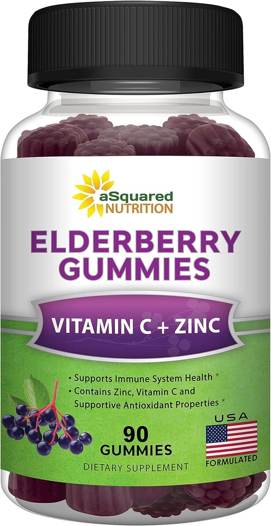aSquared Nutrition Sambucus Elderberry Gummies with Zinc and Vitamin C - Chewable Gummy Supplement Alternative to Capsules Pills - Black Elderberries w/VIT C for Adults Immune Support - 90 Gummies