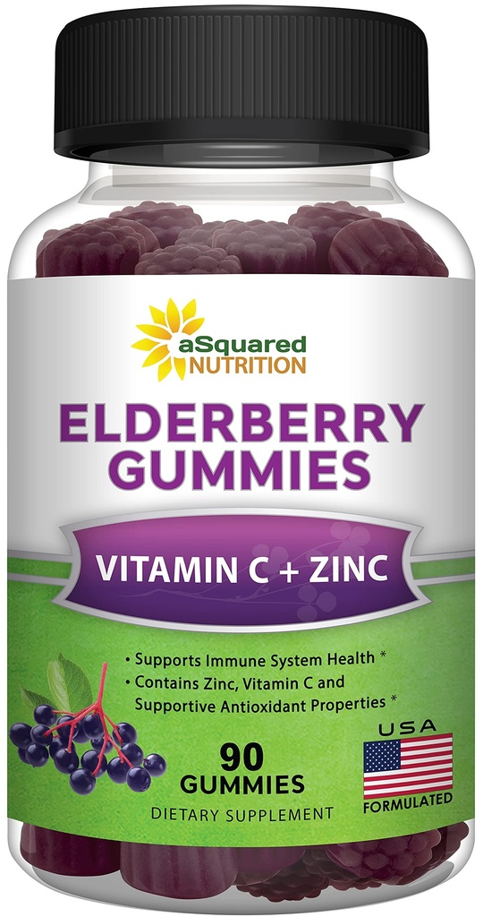 aSquared Nutrition Sambucus Gommies de baies aînées avec du zinc et de la vitamine C - Supplément de gommy à croquer Alternative aux pilules de capsules - mûres noires avec/VIT C pour adultes Soutien immunitaire - 90 gommies