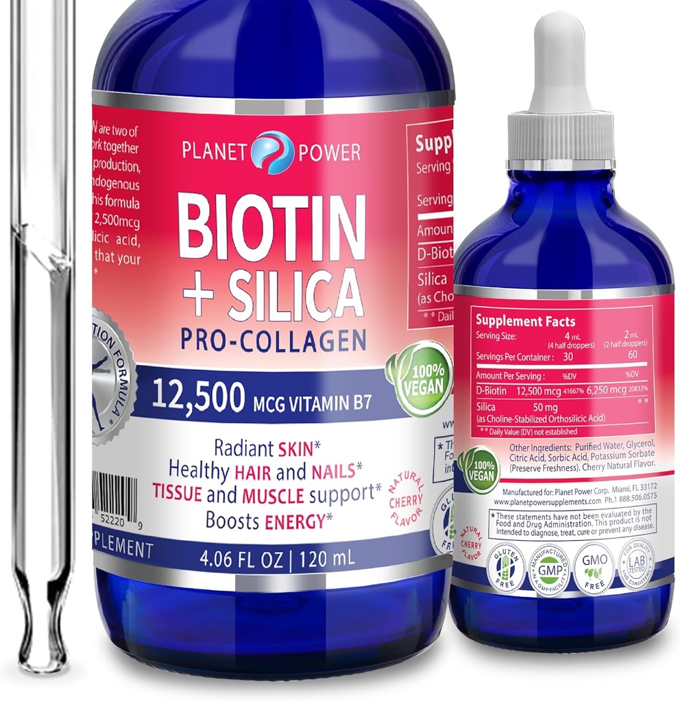 Biotine liquide végétalien avec Silica Pro-Collagen 12 500mcg. Supporte cheveux sains, peau Glowing, ongles forts. Augmenter l'énergie. Pour les hommes et les femmes – Formule concentrée. Saveur de cerise naturelle. 4oz
