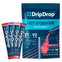 Paquets d'hydratation DripDrop - Boîte de variétés juteuses - Mélange de boissons en poudre d'électrolytes à service unique - Raisin, punch de fruits, limonade de fraises, cerise - Non-OGM, sans gluten, végétalien - 16 bâtons
