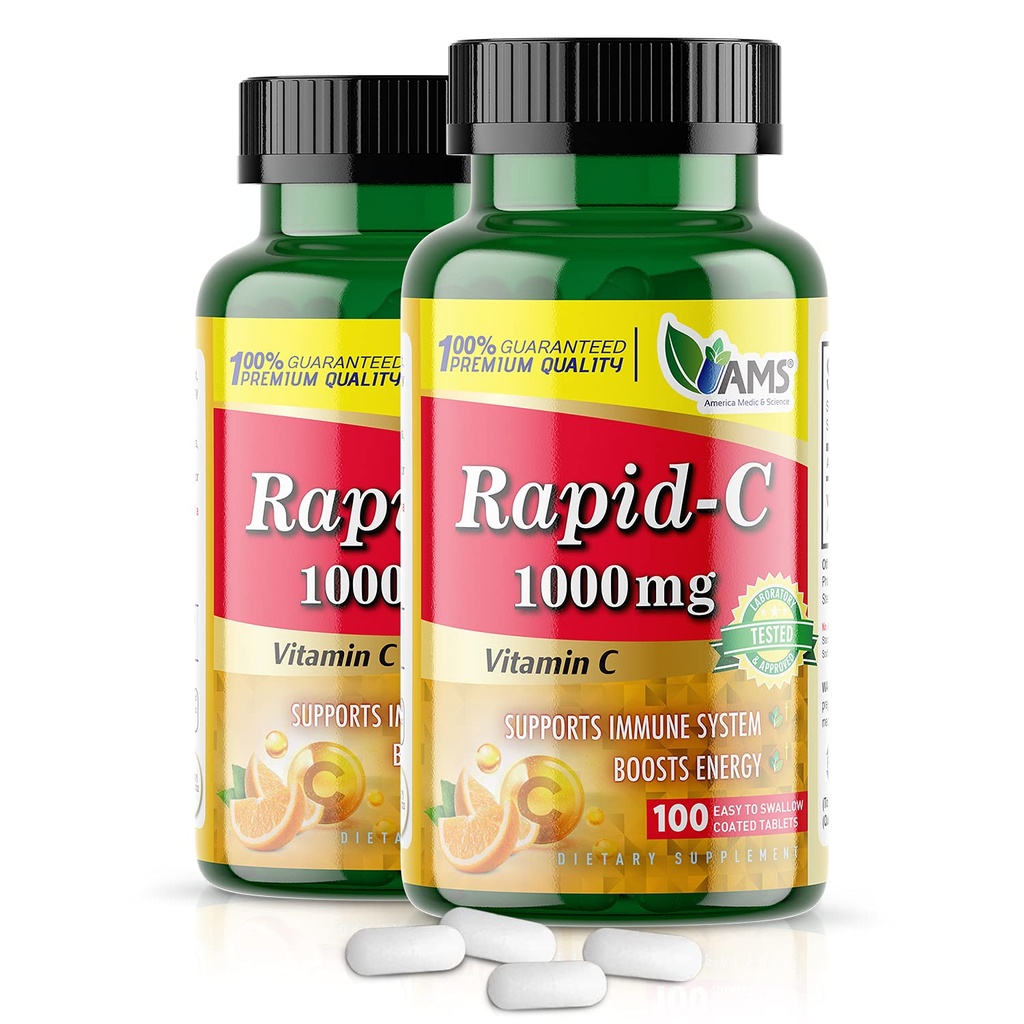 America Medic & Science Rapid-C 1000mg Vitamine C Supplément (2 Pack de 100 comprimés) Booster d'énergie, support quotidien du système immunitaire, antioxydants