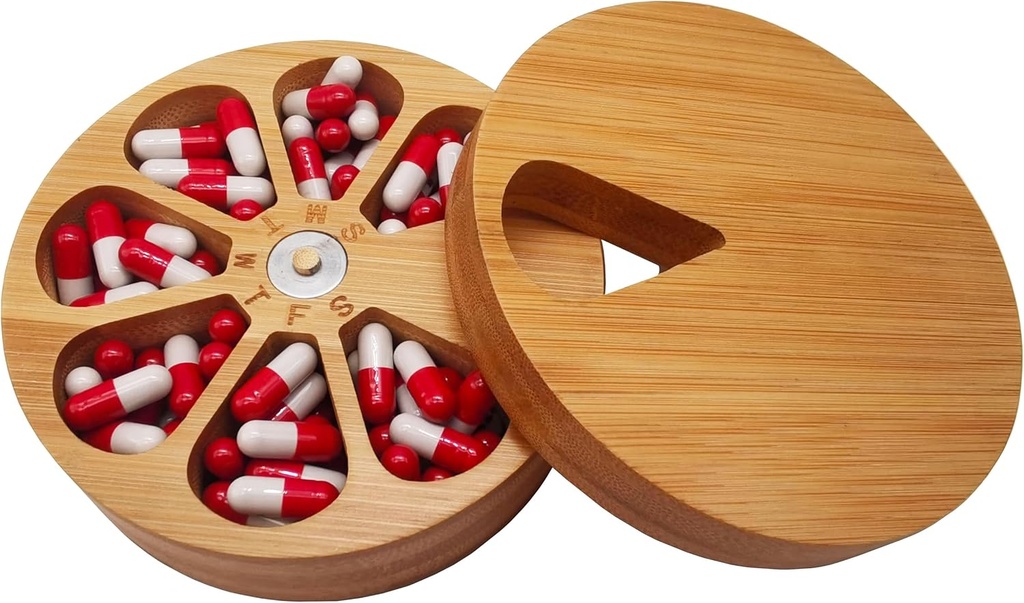 fashciaga Bamboo Wood Daily Weekly Vitamin Medicine Pill Organizer Case Box,Kitchen Salt Spice Cellar Containers,Earring Ring Jewelry Storage Decorative Box (Large)
