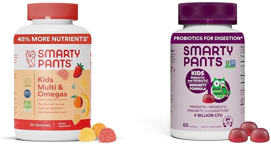 SmartyPants Gummies multivitamines pour enfants et ensemble d'immunité probiotique: Omega 3 Huile de poisson (EPA/DHA), vitamine D3, C, vitamine B12, B6, supplément de soutien digestif et immunitaire (30 jours)