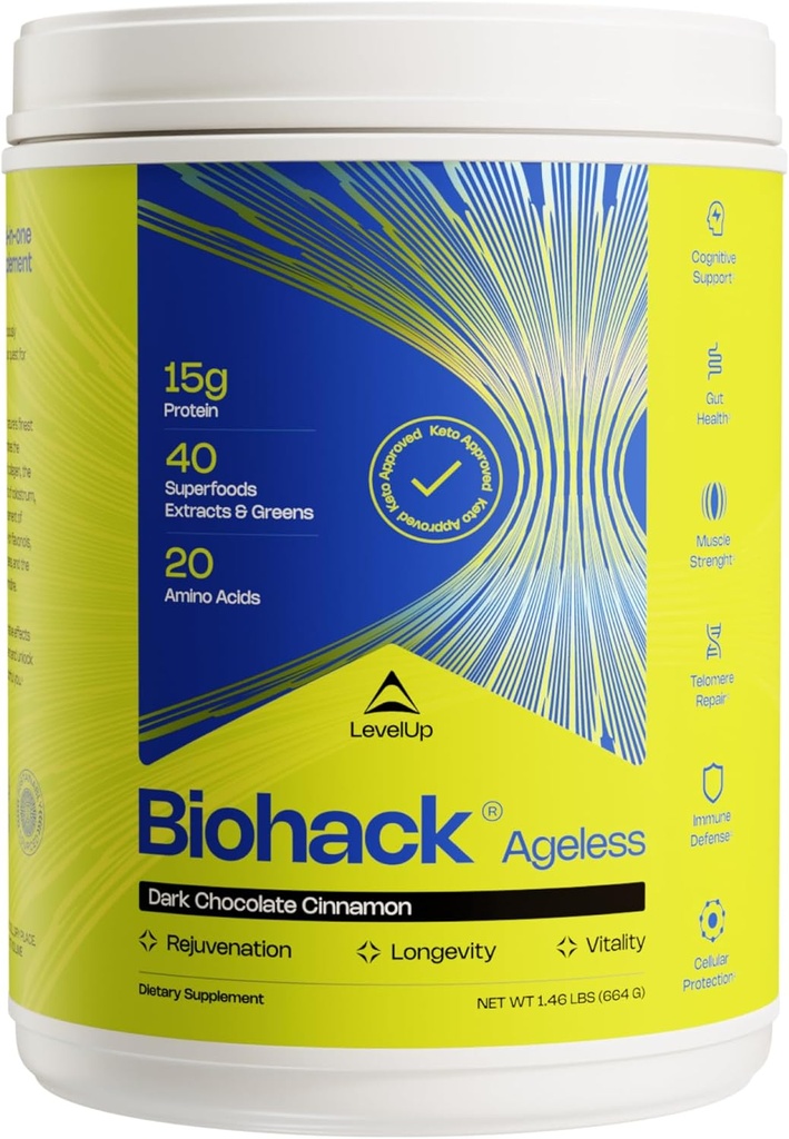 LevelUp Biohack Sans âge: Colostrum Collagen Superfoods Antioxydants Spermidine Amino Acides Créatine pour les femmes et les hommes, Rejuvenation corporelle totale (cannelle au chocolat foncé)
