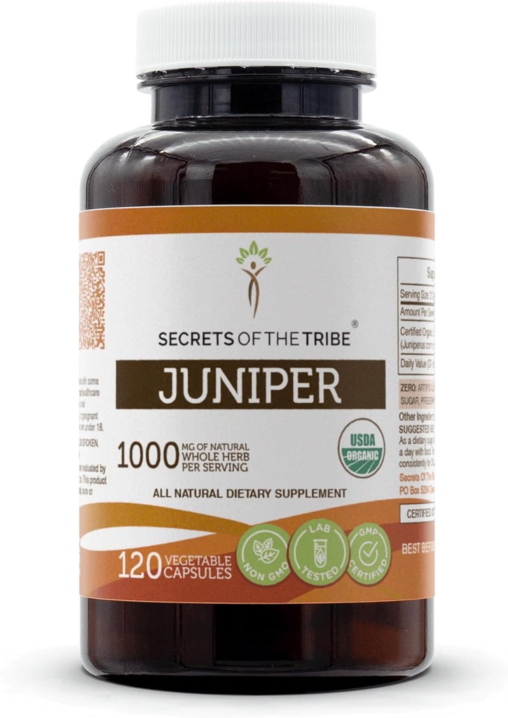 Secrets de la Tribe Juniper USDA Organic.Fabriqué avec des capsules végétariennes et certifié Juniper biologique (Juniperus communis) Berry séché (120 capsules)
