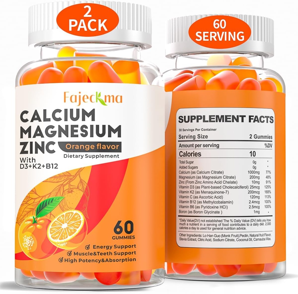 Calcium Magnésium Zinc Gommies pour Adulte: Biologique 1000mg Citrate de calcium supplément de magnésium avec D3 B12 - Supplément sans sucre haute absorption pour les femmes hommes (60 comte(paquet de 2))